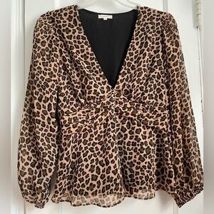 Pleione Black Brown Tan Leopard Print Long Sleeves Deep V-Neck Lining Top Large